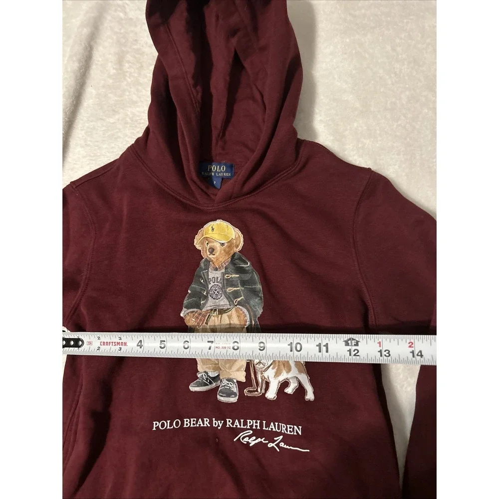 Polo Ralph Lauren Hoodie Kids 7 Burgundy Fleece Pullover Polo Bear Sweatshirt